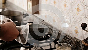 Scene close up of chef cooking italian rice in the pan, healthy simple food, fresh ingredient. Domestic lifestyle preparing lunch