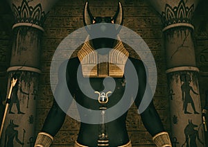 A scene with a close-up view of a huge statue of the Egyptian God Anubis.