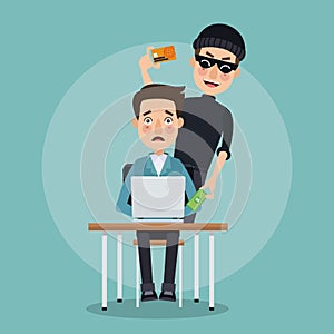 Scene color programmer man in desk with laptop and thief man hacker stealing data credit card