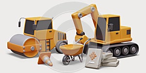 Scene from construction site in 3D style. Road roller, excavator, wheelbarrow, signal cone