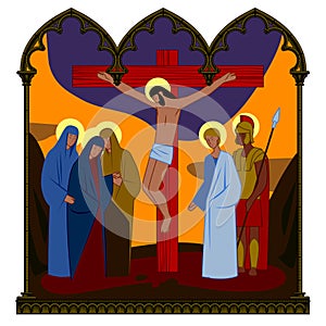 Scene of the Crucifixion of Christ in a classic Gothic frame