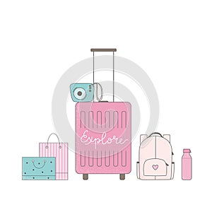 Scene of cute girly travel stuff. Pink luggage with camera, bags vector illustration.