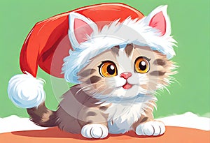 Scene of a cute kitten wearing a red Santa Claus hat on its head