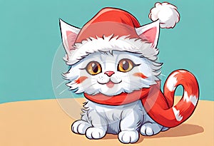 Scene of a cute kitten wearing a red Santa Claus hat on its head