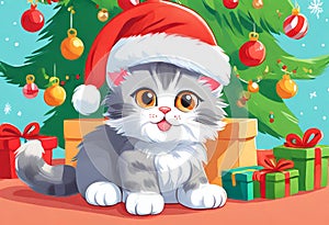 Scene of a cute kitten wearing a red Santa Claus hat on its head