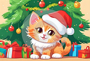 Scene of a cute kitten wearing a red Santa Claus hat on its head