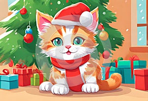 Scene of a cute kitten wearing a red Santa Claus hat on its head
