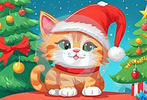 Scene of a cute kitten wearing a red Santa Claus hat on its head