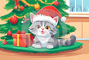 Scene of a cute kitten wearing a red Santa Claus hat on its head