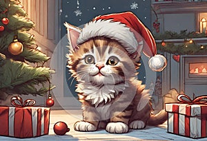 Scene of a cute kitten wearing a red Santa Claus hat on its head