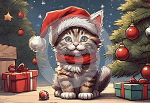 Scene of a cute kitten wearing a red Santa Claus hat on its head