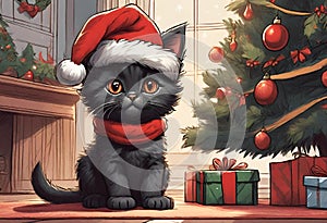 Scene of a cute kitten wearing a red Santa Claus hat on its head