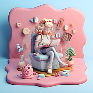 scene 3D clay icon style. business working woman or student girl cute sit on sofa reading a book or papers pink. Generative Ai.