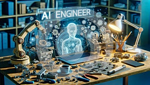 Scene depicting an AI engineers desk cluttered with robotic parts tools and a laptop displaying intricate AI algorithms. Hovering