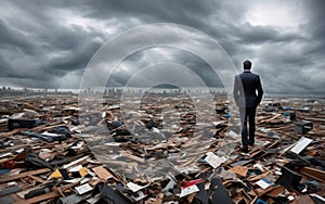 Scene depicting a businessman atop debris from a devastated building.