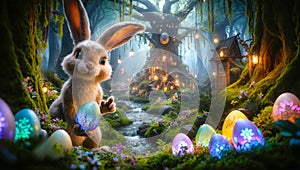 A scene depicting the Easter Bunny on an enchanted journey through a magical forest