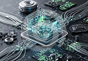 Scene depicts a complex network of electronic components and