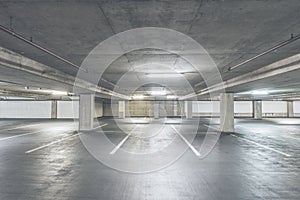 Scene of empty cement Parking Garage interior in the mall..