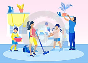 Scene with Family Doing Housework Flat Cartoon