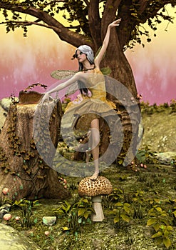 A scene of fantasy fairy dancing on a mushroom.