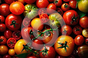 The scene is filled with a plethora of tomatoes, each displaying different sizes and shades. Generative AI