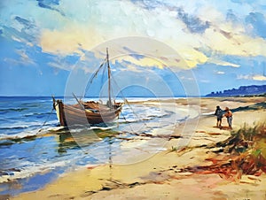 Scene of Fishermen on the Baltic Sea Beach with Fishing Boat