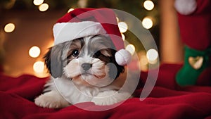 scene with a fluffy Havanese puppy dog wearing a tiny Santa hat, nestled among soft blanket