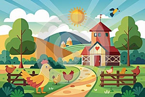 A scene of free-range chickens roaming around a farm with a barn in the background, Free range chicken farm Customizable Flat