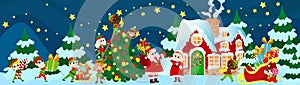 Scene in front of Santa Claus\'s house on Christmas night. Santa Claus and Mrs. Santa Claus stand in front of the house.