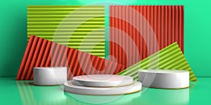 Scene with geometrical forms, white round platform, minimal green background for commercial advertising, orange and green zigzag