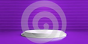 Scene with geometrical forms, white round platform, minimal purple background for commercial advertising, Purple zigzag wall forms