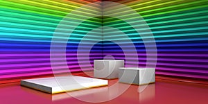 Scene with geometrical forms, white square platform, minimal rainbow colorful background for commercial advertising, Rainbow