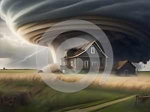 The scene of a giant tornado shatters a wooden house in the middle of the field