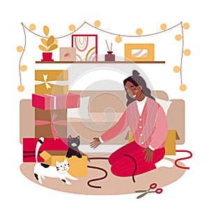 Scene of girl packing gifts with her cats