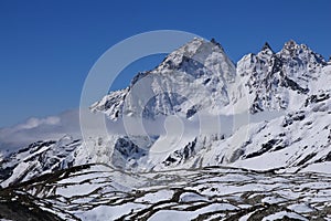 Scene in the Gokyo valley, glacier and high mountains