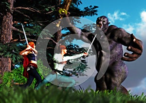Escena de héroes luchar lucha antiguo monstruo 