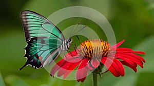 Scene High sharpness image of emerald green butterfly on red flower