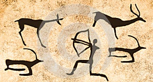 A scene of hunting for ancient animals on the wall of the cave.