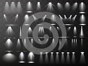 Scene illumination collection. Big set Bright lighting with spotlights. Spot lighting of the stage.Vector spotlight. Light effect.