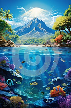 The scene of the Island, mountain background and sea with Colorful clownfish, sea ocean animals