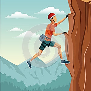 Scene landscape man climbing rock mountain without equipment