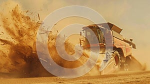 A scene of a large combine harvester in action its giant claws devouring the tall stalks of wheat. Dust and debris fly