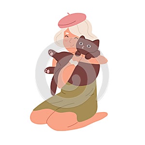 Scene with little kid hugging cat. Happy child sitting and holding with adorable pet. Cute smiling girl with animal