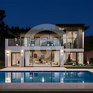 Scene of a Luxirious mansion with calm pool at night-time