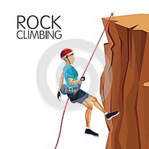 Scene man mountain descent with equipment rock climbing