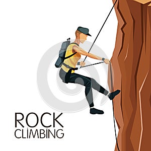 Scene man mountain descent with harness rock climbing