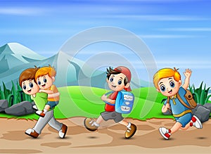 Scene of many boys runnning on the road
