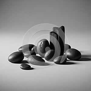 Scene is minimalistic emphasizing natural elements and textures with