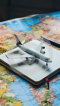 Scene Model plane on notebook amidst map inspires wanderlust for travel