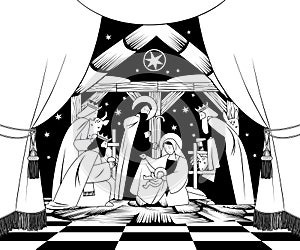 Scene of the Nativity of Christ and Adoration of the Magi in frame of a theatrical curtain in black and white